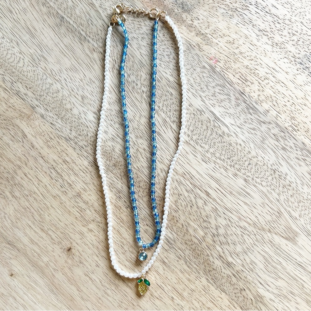 Crewcuts Blue, White and Gold Layered Beaded Necklace with Pineapple Charm